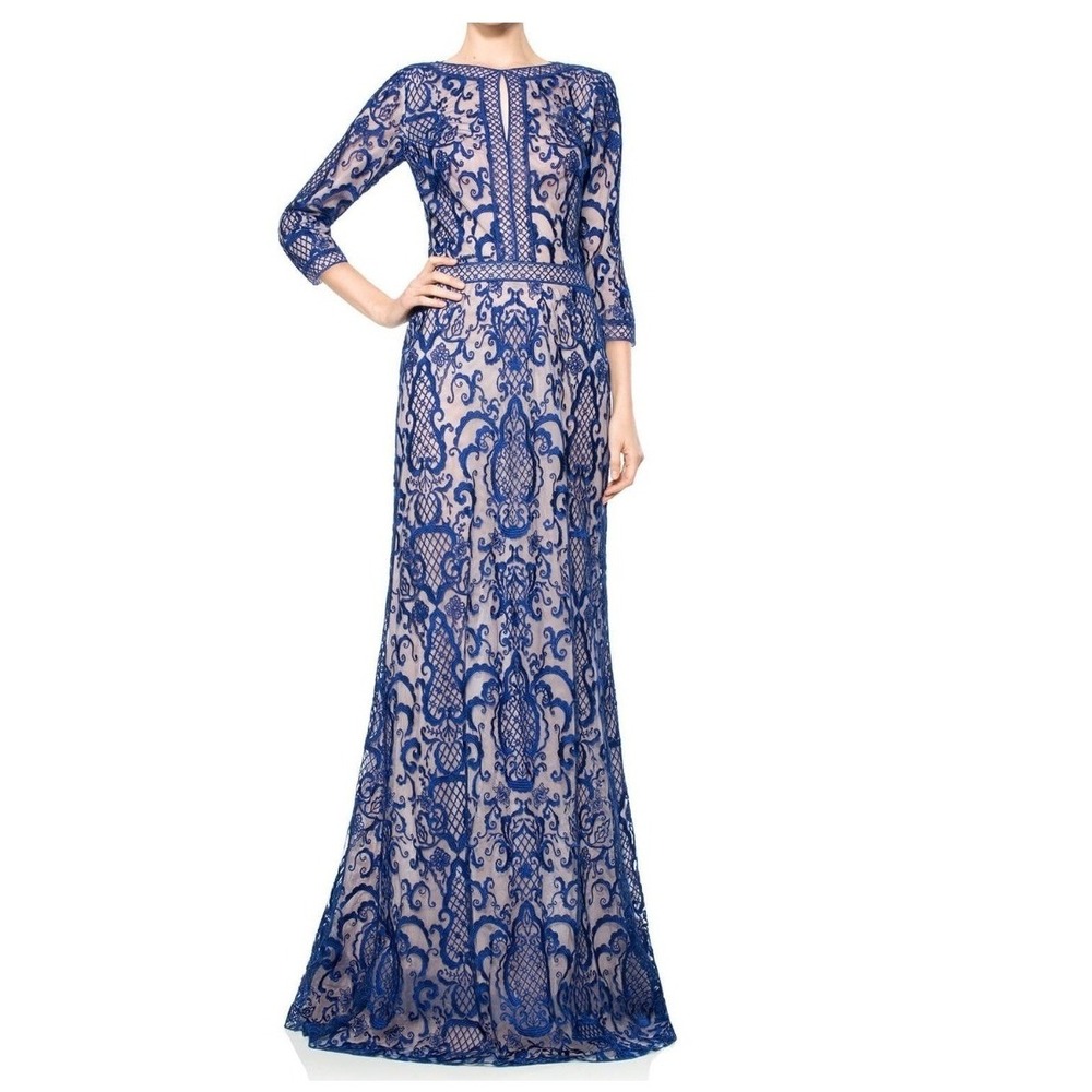 Tadashi Shoji Lace Gown Blue Embroidered Tulle Keyhole Evening Formal Dress 16